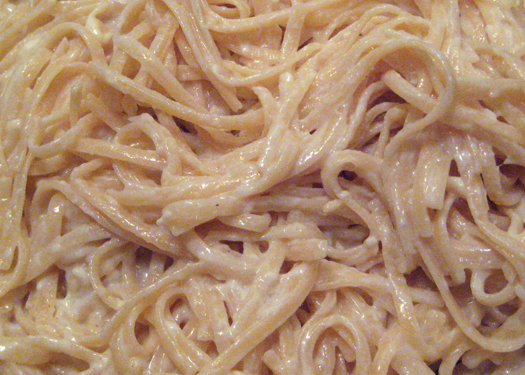 gluten-free linguini noodles covered with alfredo sauce